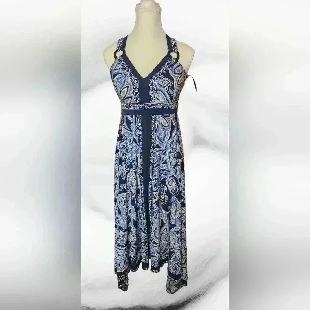 NWT INC International Concepts Y2K Paisley Maxi Dress Blue Black Size Small 💙